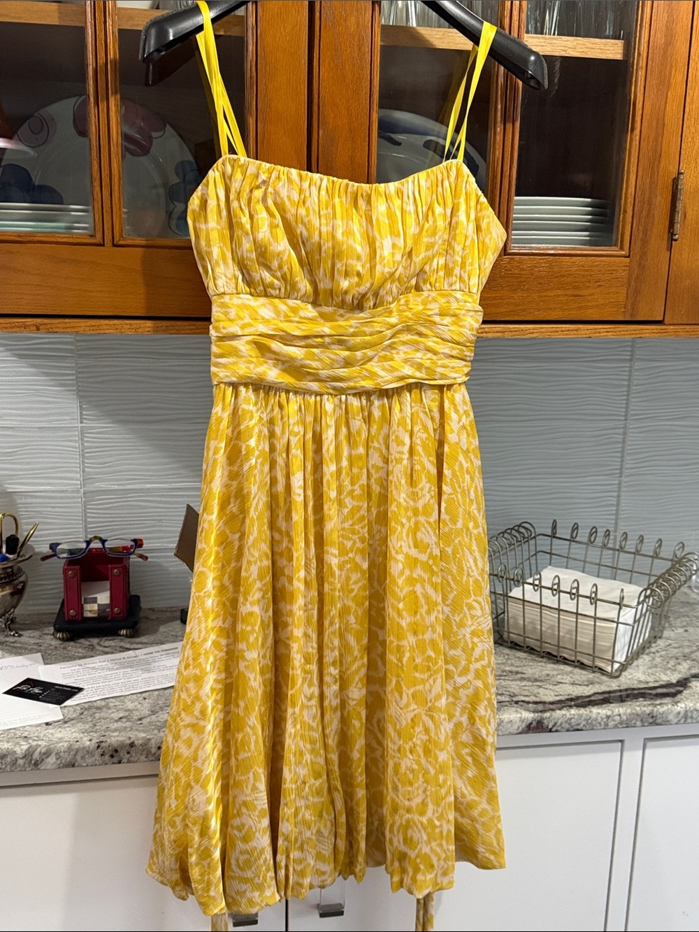 BCBGMaxAzria Yellow Printed Midi strapless dress